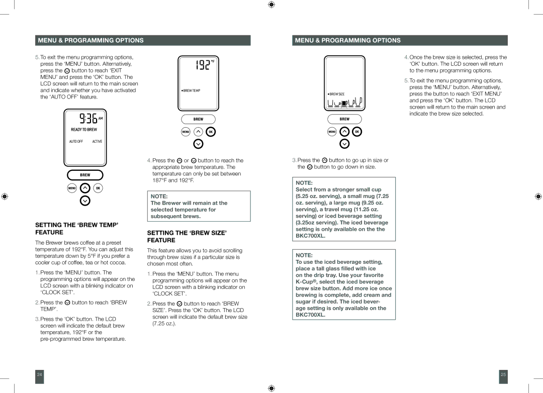 Breville BKC700XL, XXBKC600XL manual Setting the ‘BREW TEMP’ feature, Setting the ‘BREW SIZE’ feature 