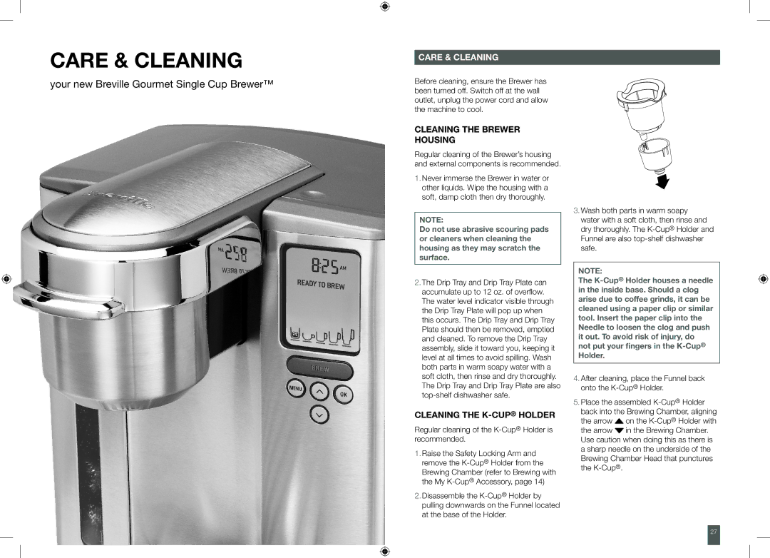 Breville XXBKC600XL, BKC700XL manual Care & Cleaning, Care & cleaning, Cleaning the brewer housing, Cleaning the K-CupHolder 