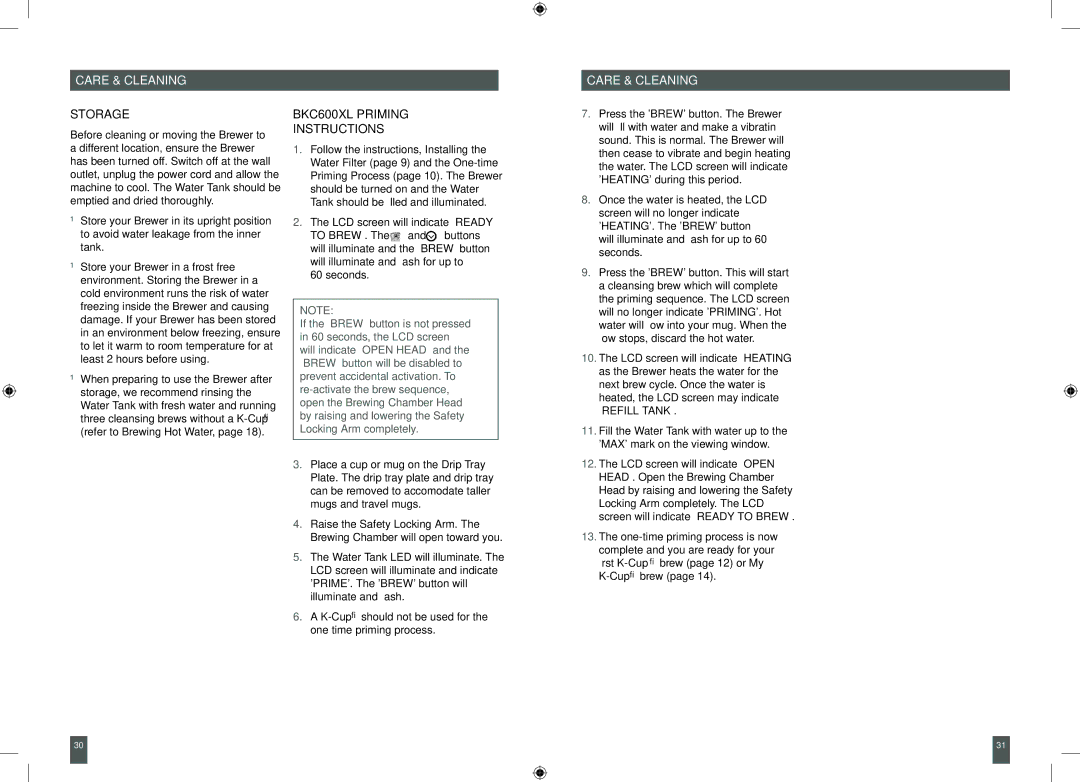 Breville XXBKC600XL, BKC700XL manual Storage, BKC600XL Priming Instructions 