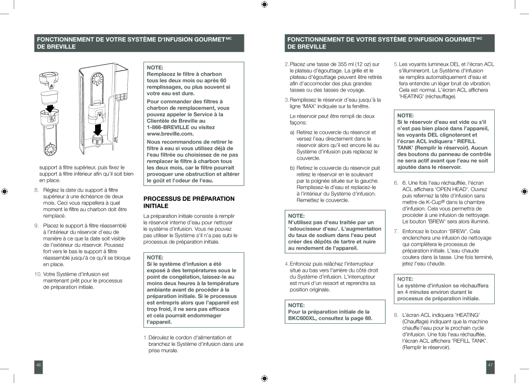 Breville XXBKC600XL, BKC700XL Processus de préparation initiale, Pour la préparation initiale de la BKC600XL, consultez la 