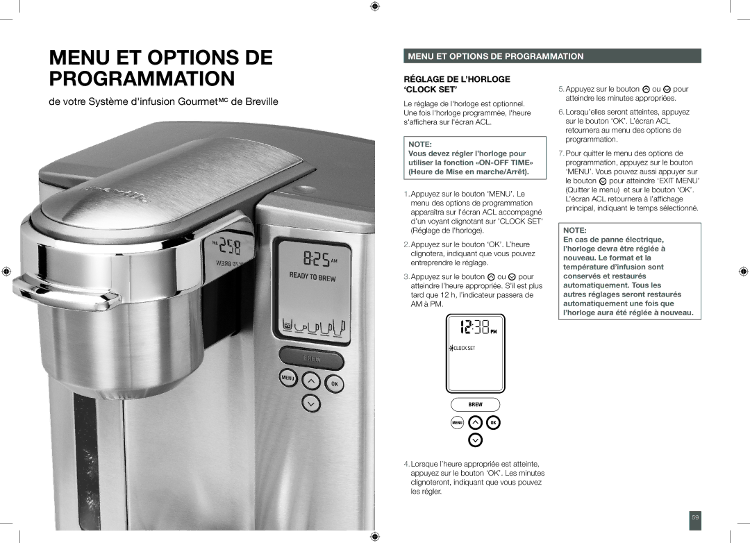 Breville XXBKC600XL Menu ET Options DE, Programmation, Menu et options de programmation, Réglage de l’horloge ‘Clock set’ 