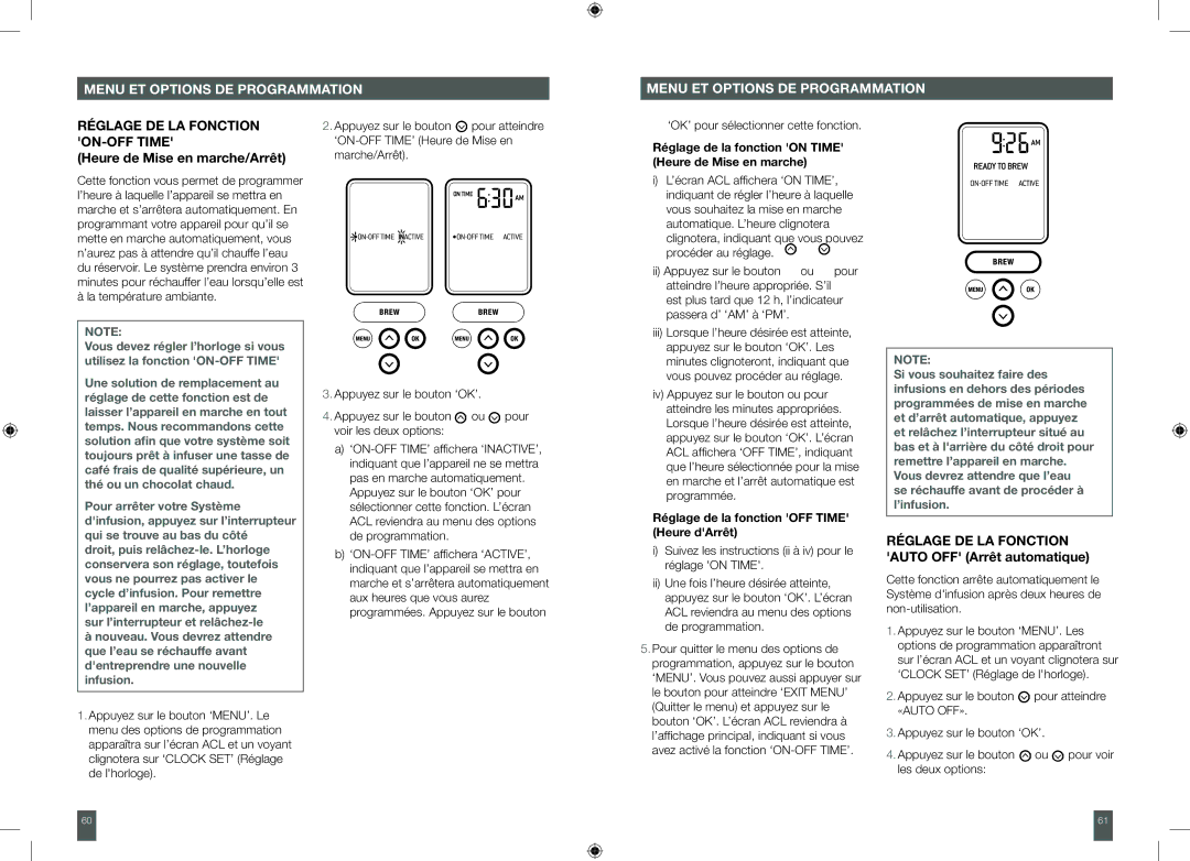 Breville BKC700XL, XXBKC600XL manual Heure de Mise en marche/Arrêt, Réglage de la fonction Auto OFF Arrêt automatique 