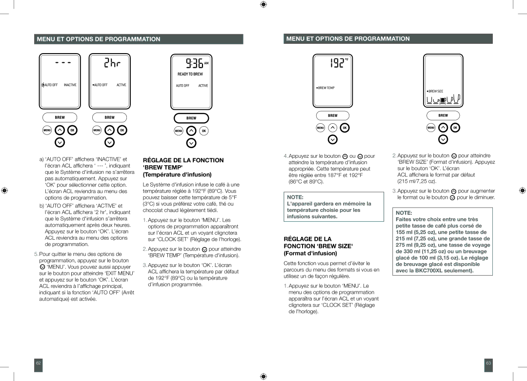 Breville XXBKC600XL, BKC700XL manual Réglage de la Fonction Brew Temp Température dinfusion 