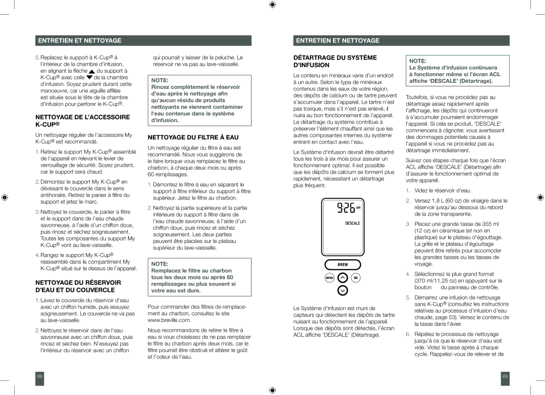 Breville BKC700XL Nettoyage de l’accessoire K-cup, Nettoyage du réservoir d’eau et du couvercle, Nettoyage du filtre à eau 