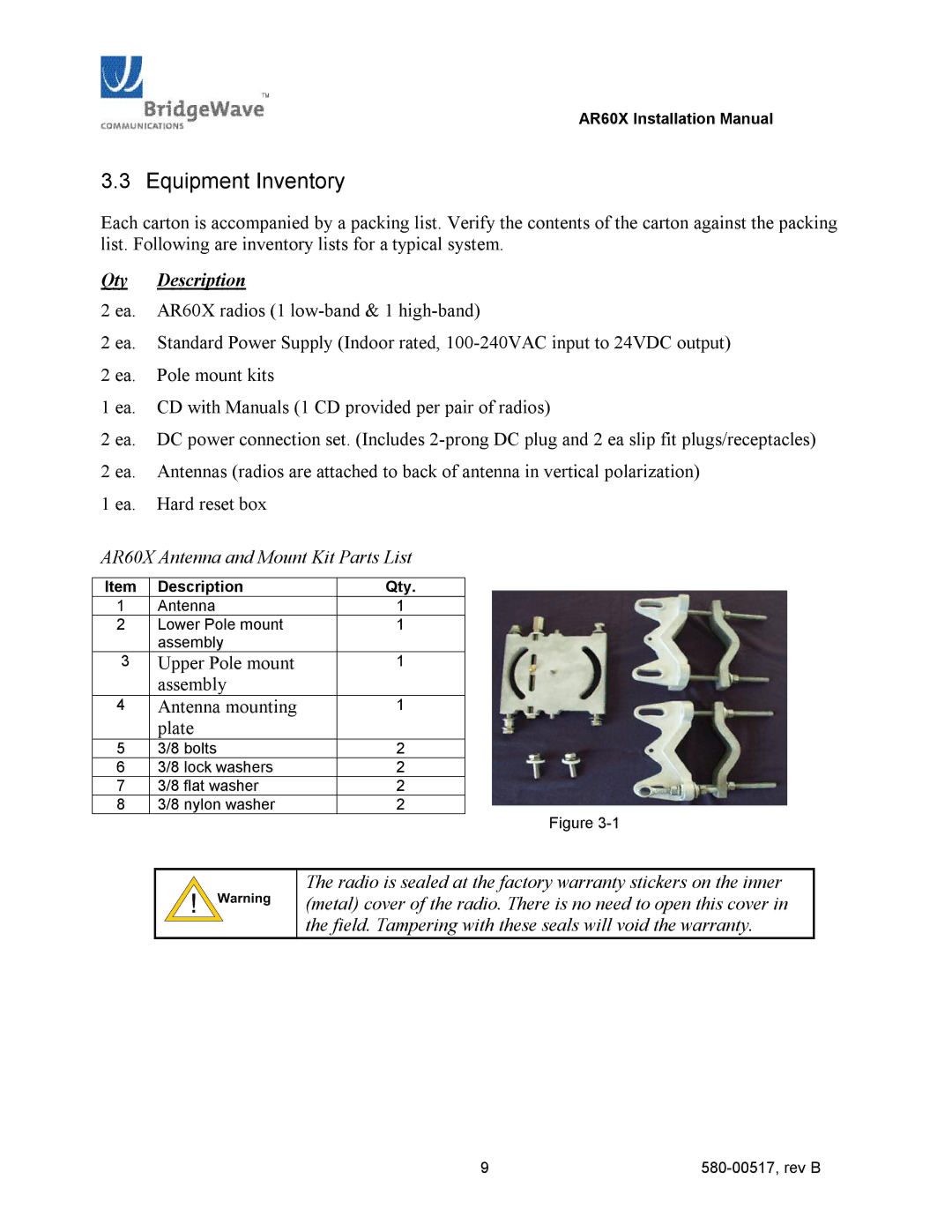 BridgeWave AR60X manual Equipment Inventory, Qty Description 