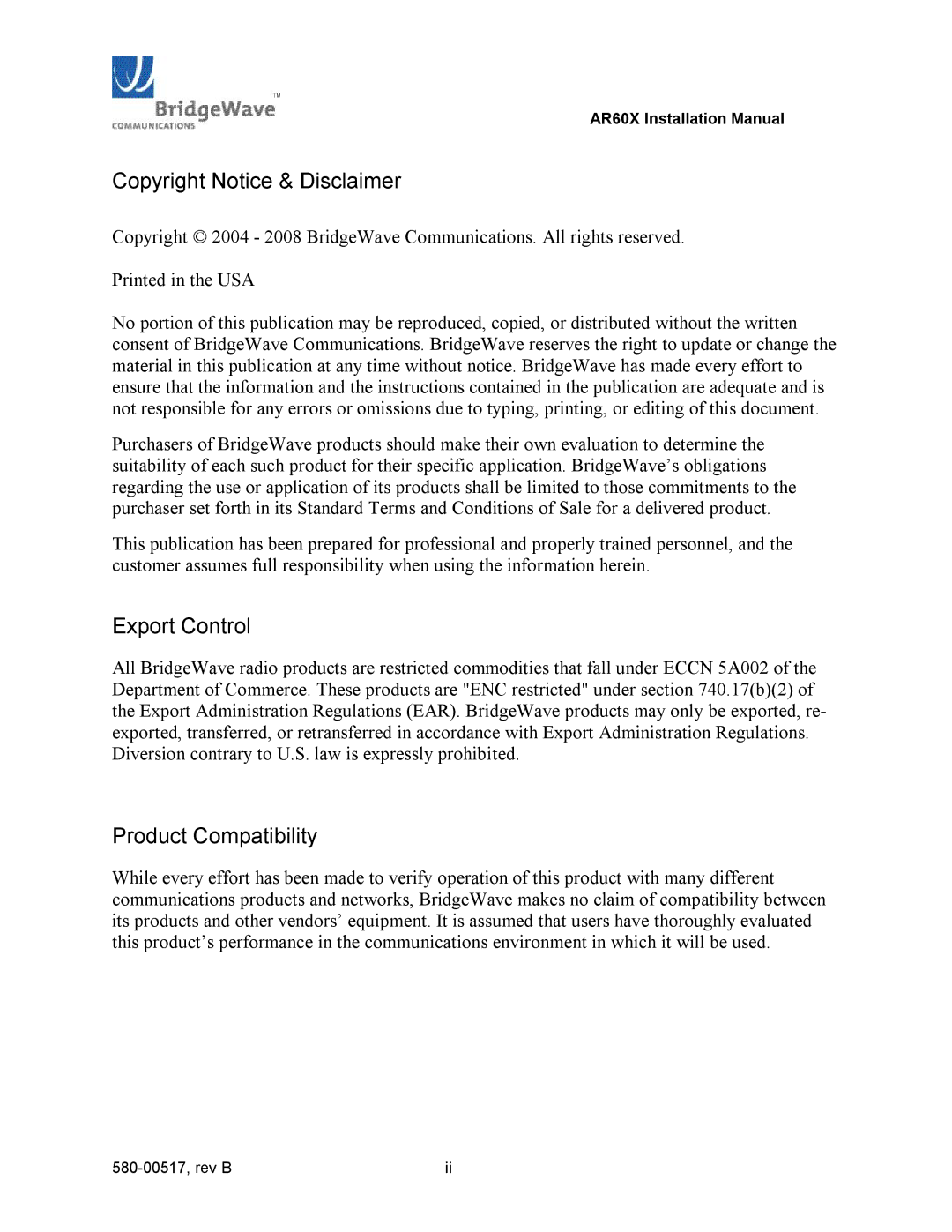 BridgeWave AR60X manual Copyright Notice & Disclaimer, Export Control, Product Compatibility 