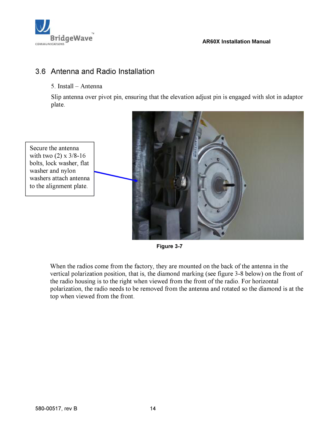 BridgeWave AR60X manual Antenna and Radio Installation 