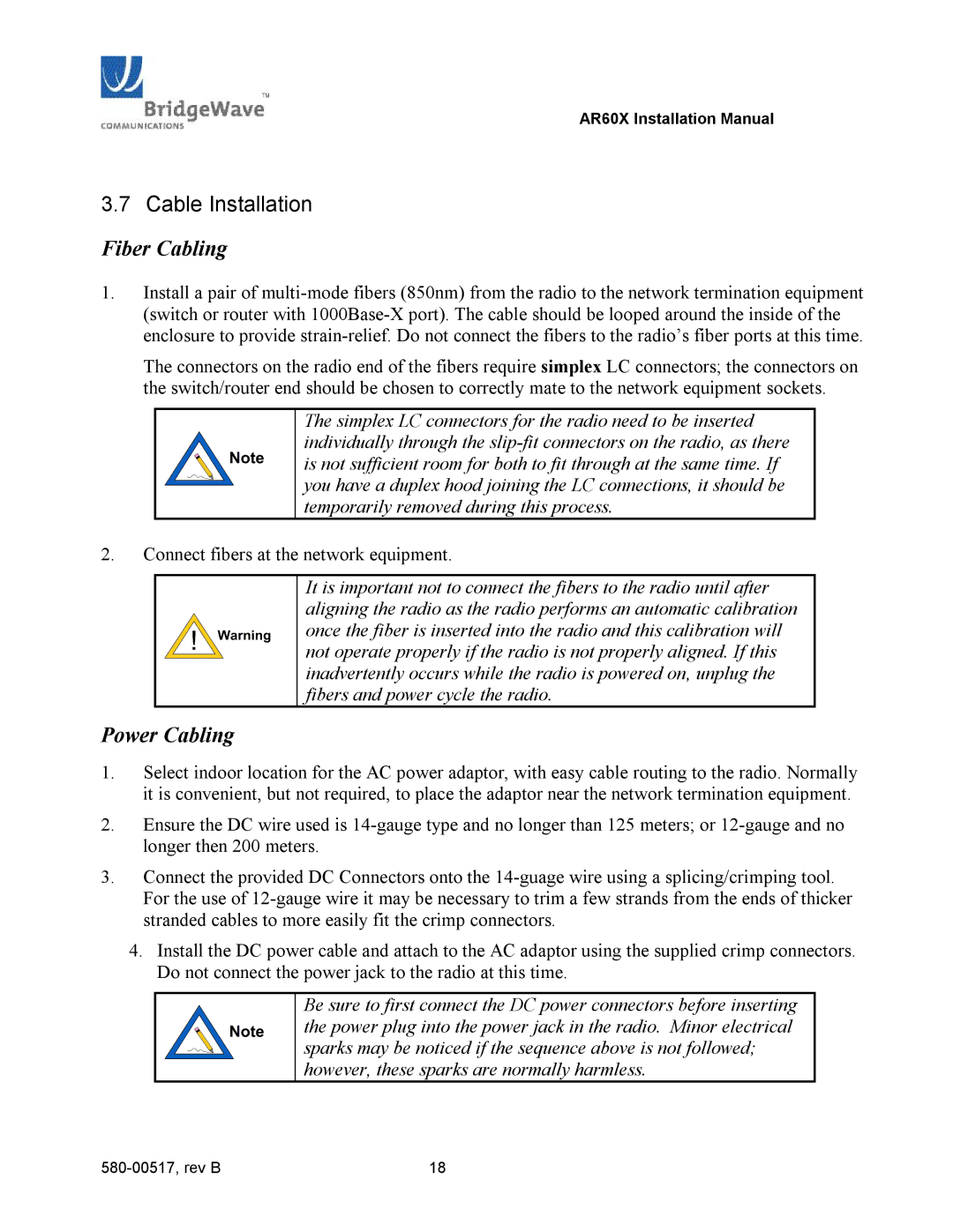 BridgeWave AR60X manual Cable Installation, Fiber Cabling 