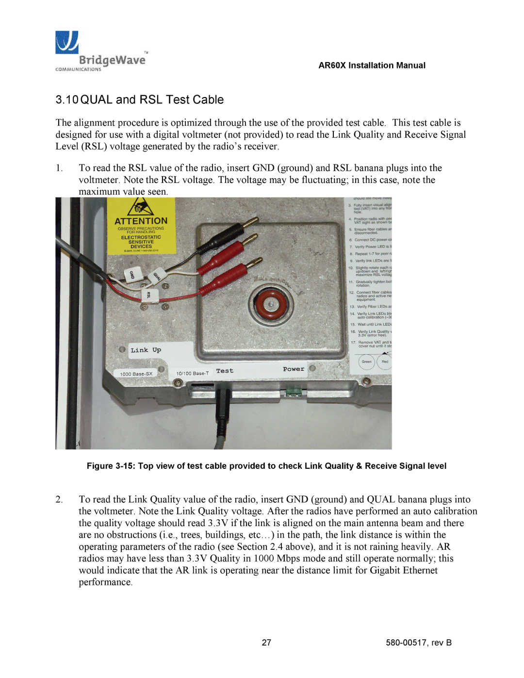 BridgeWave AR60X manual 10QUAL and RSL Test Cable 