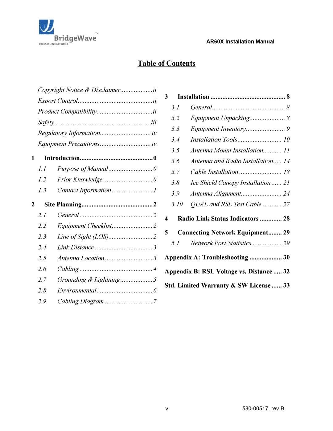 BridgeWave AR60X manual Table of Contents 