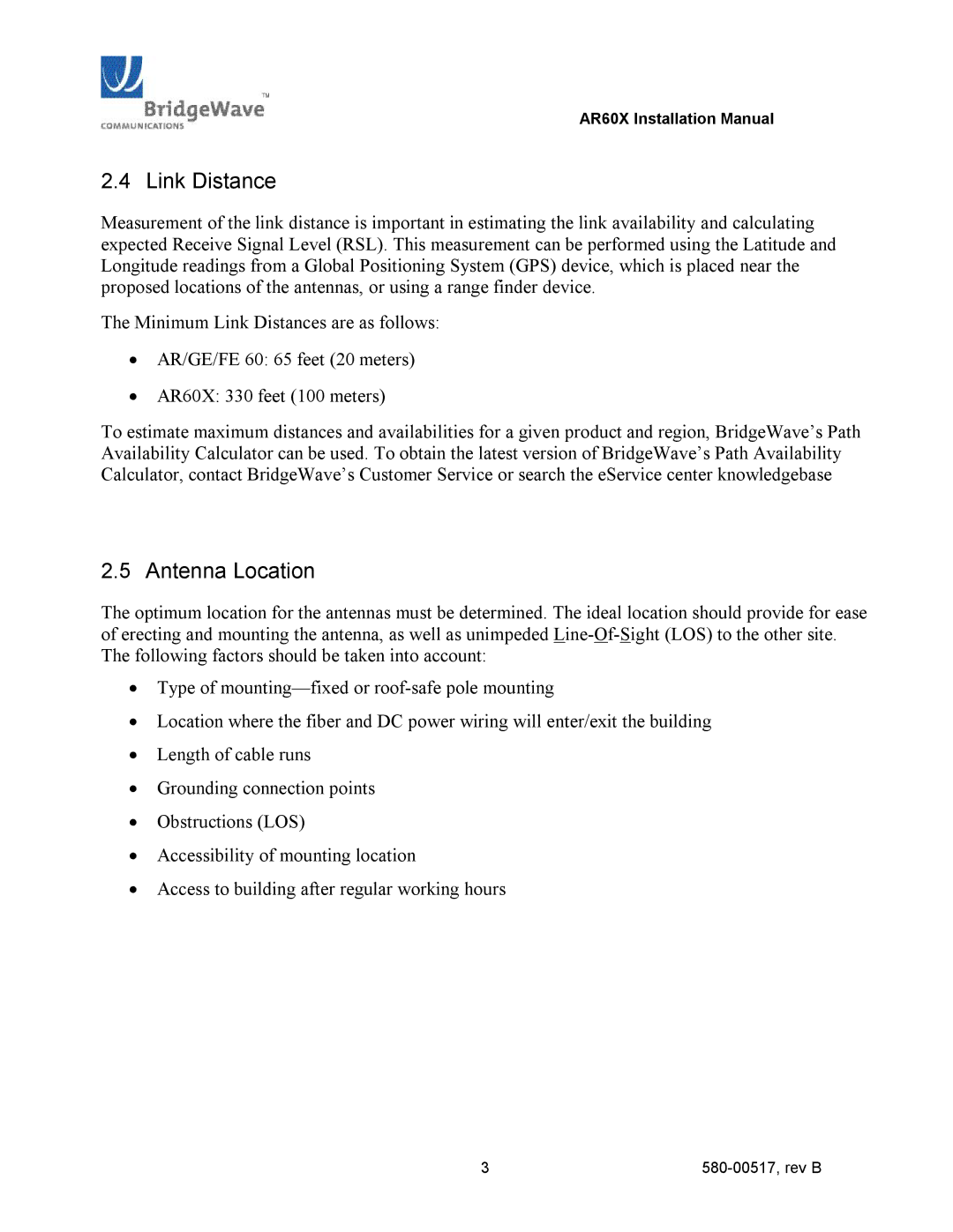 BridgeWave AR60X manual Link Distance, Antenna Location 