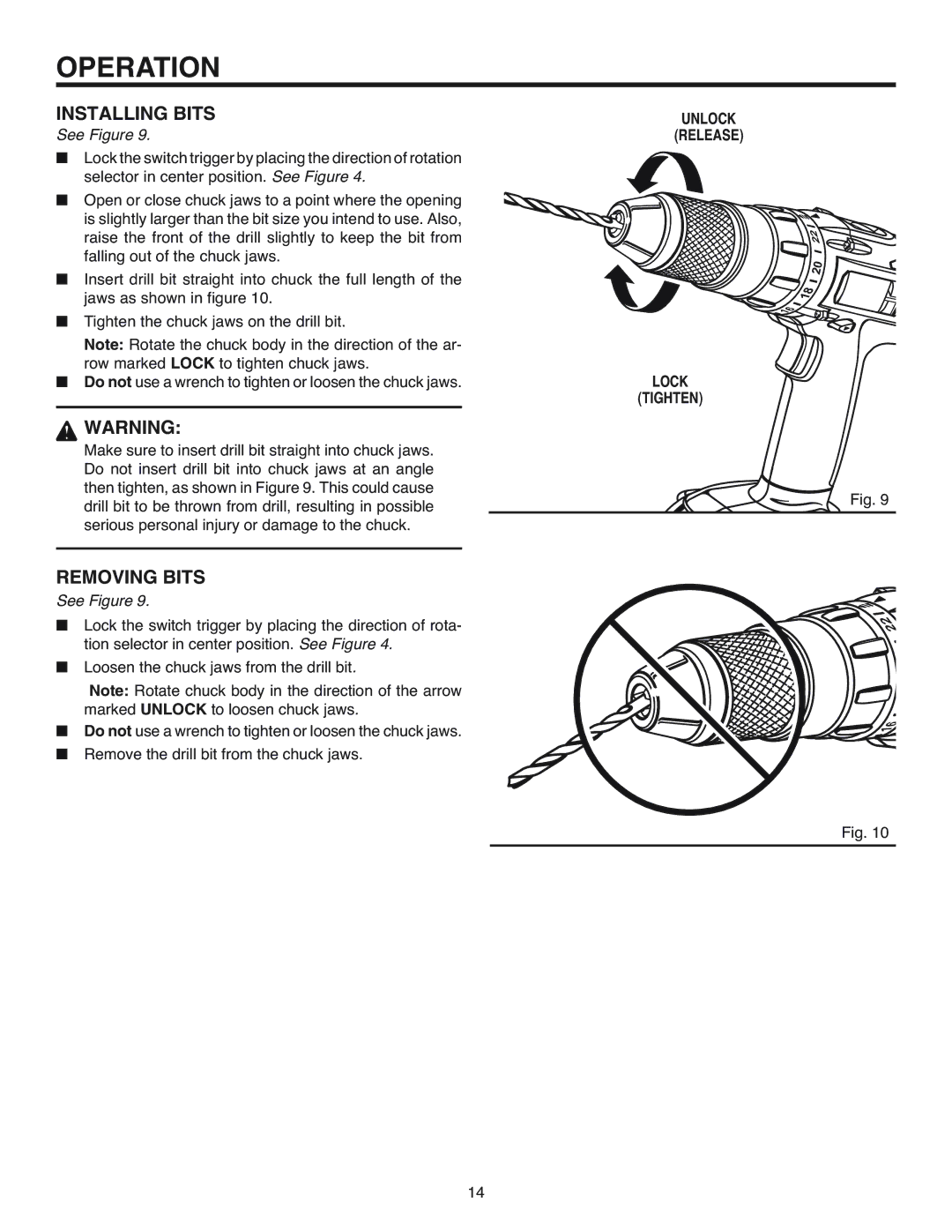 BridgeWave R83015 manual Installing Bits, Removing Bits, Unlock Release Lock Tighten 