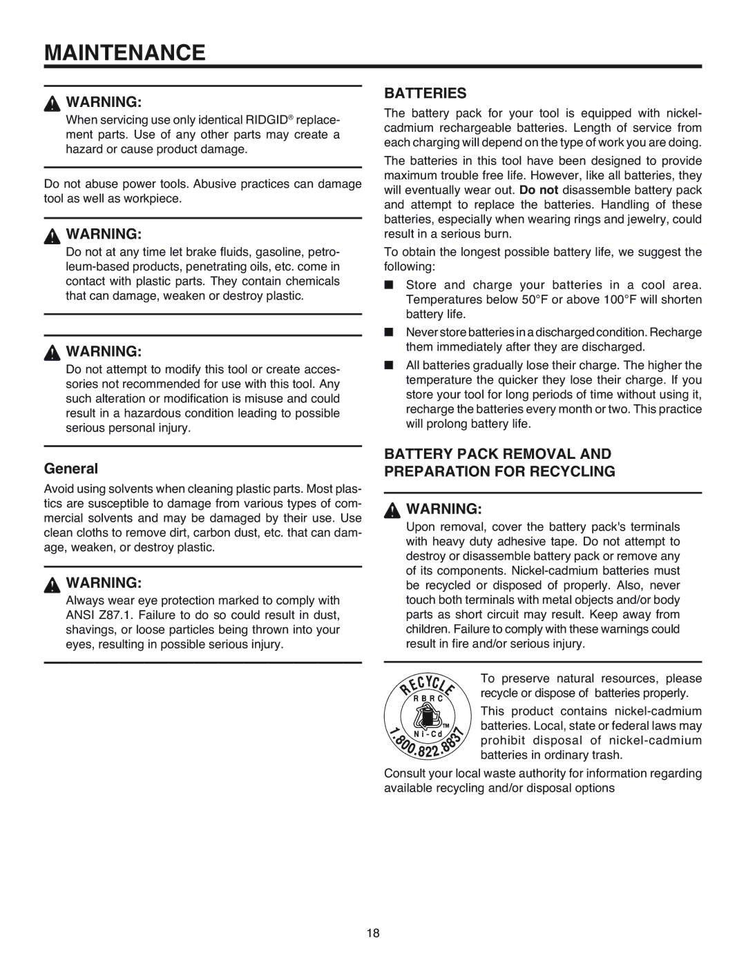 BridgeWave R83015 manual Maintenance, Batteries, Battery Pack Removal Preparation for Recycling 