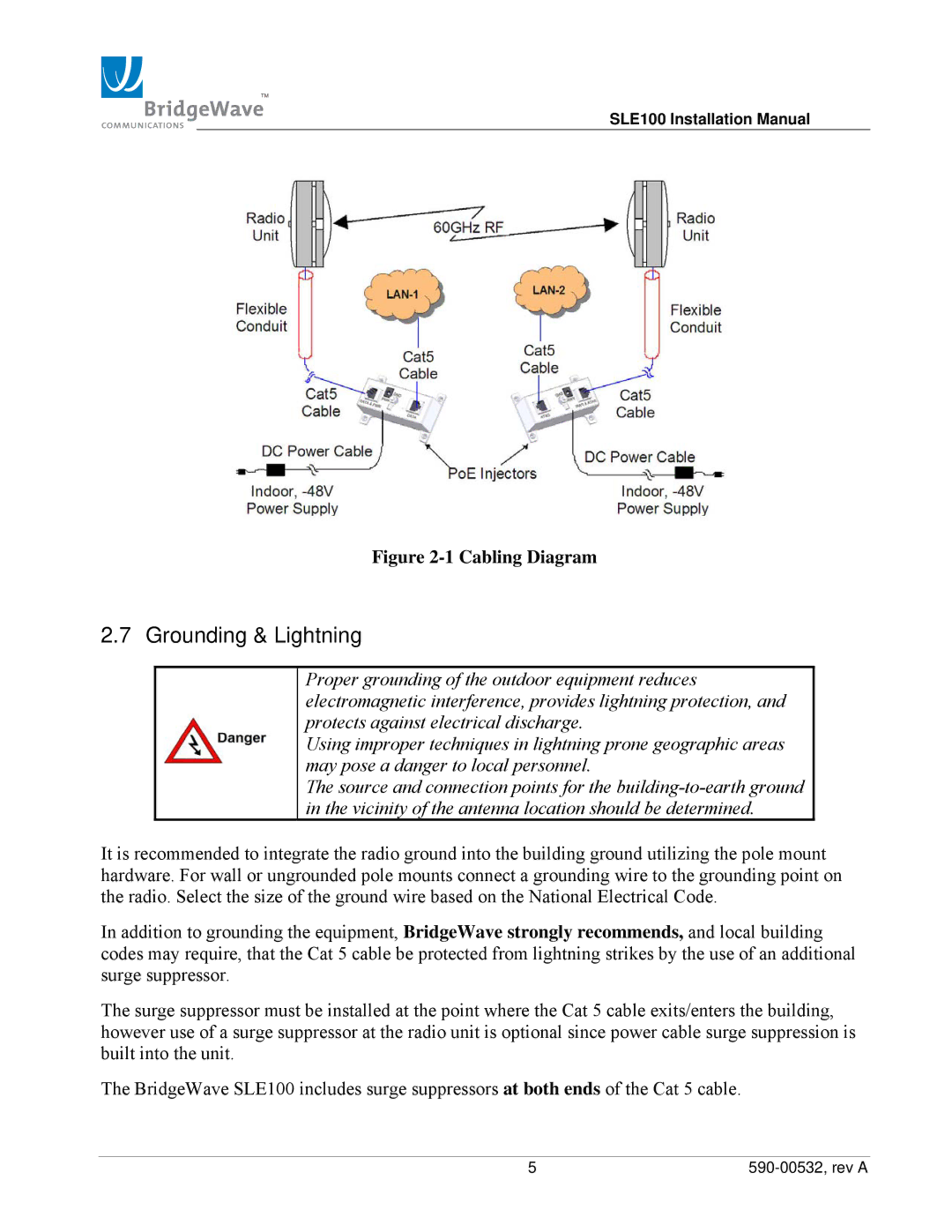 BridgeWave SLE100 installation manual Grounding & Lightning, Cabling Diagram 