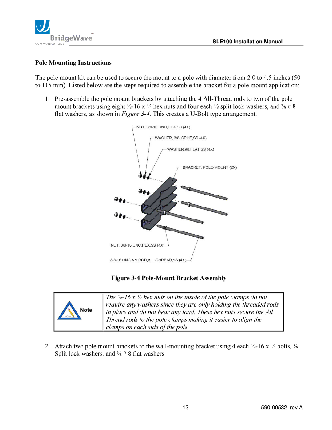 BridgeWave SLE100 installation manual Pole Mounting Instructions, Pole-Mount Bracket Assembly 