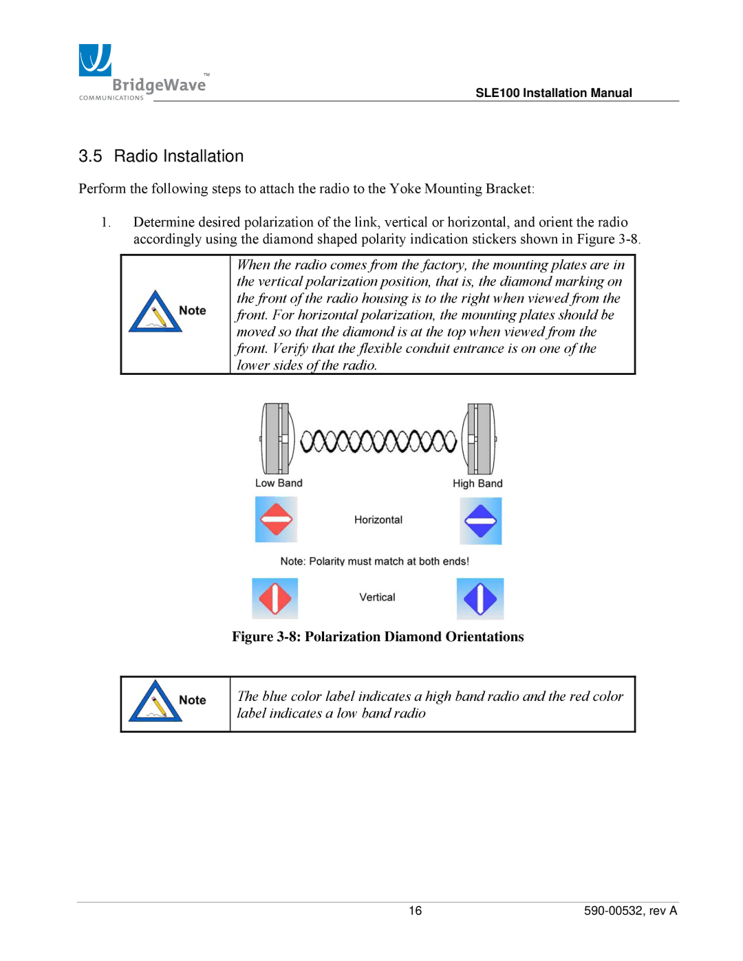 BridgeWave SLE100 installation manual Radio Installation, Polarization Diamond Orientations 