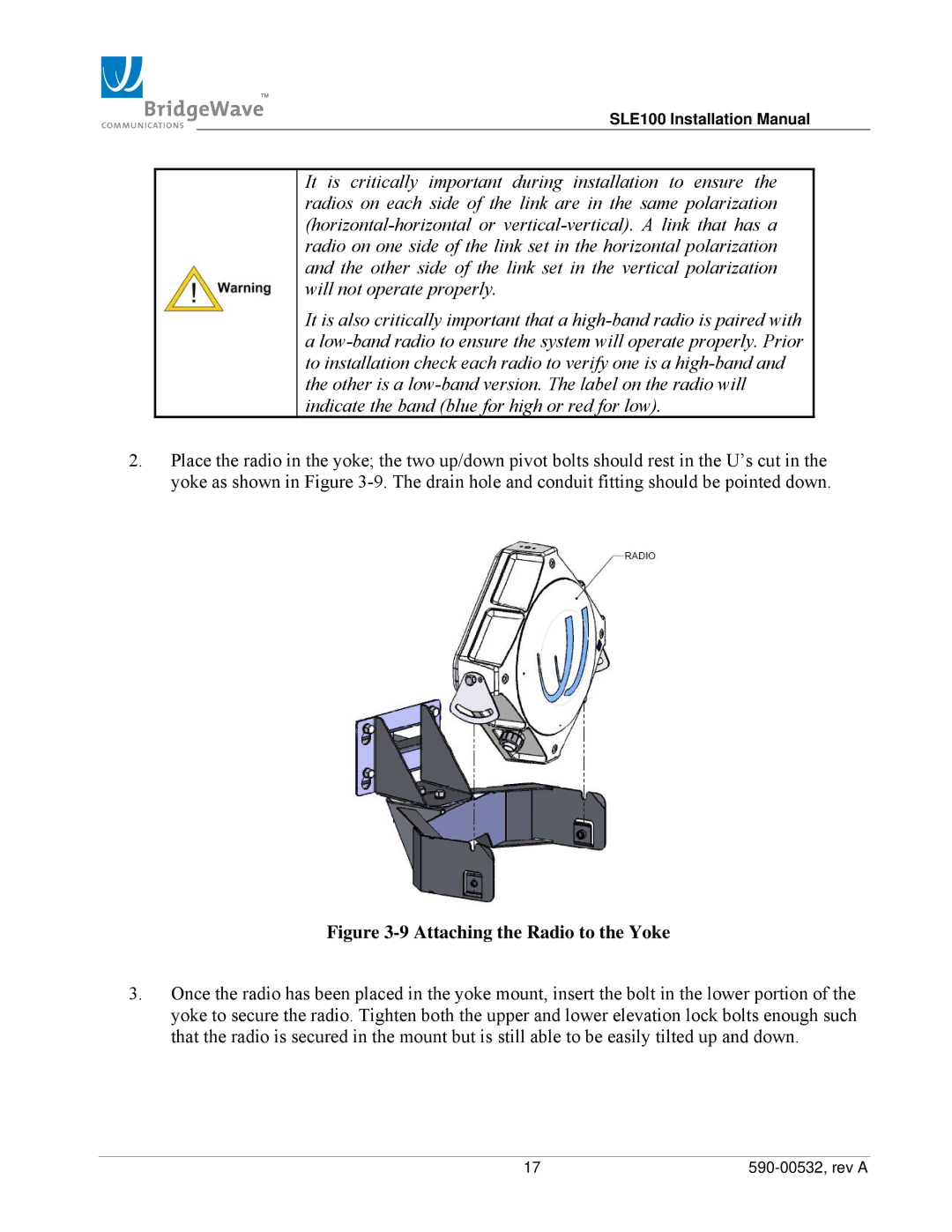 BridgeWave SLE100 installation manual Attaching the Radio to the Yoke 