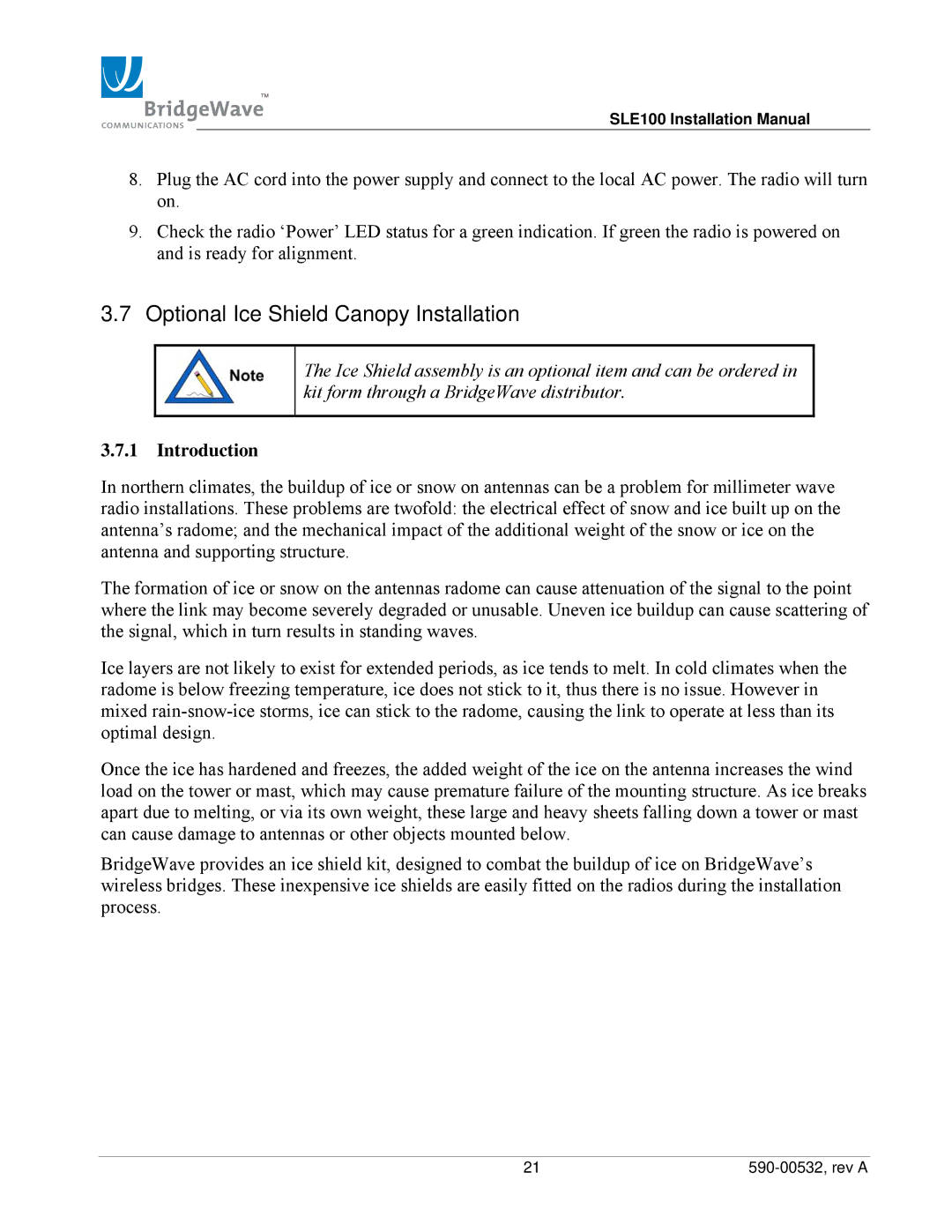 BridgeWave SLE100 installation manual Optional Ice Shield Canopy Installation, Introduction 