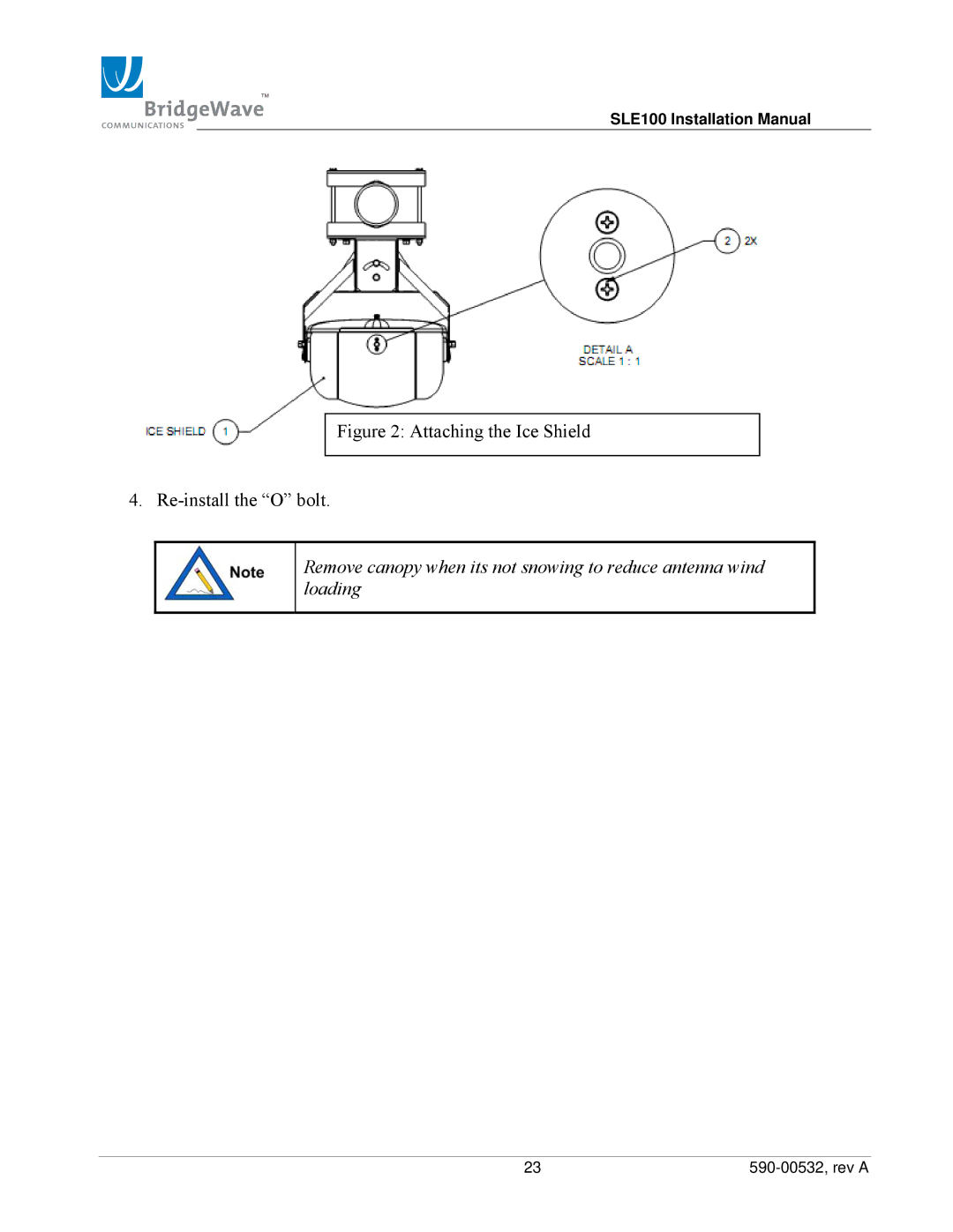 BridgeWave SLE100 installation manual Attaching the Ice Shield Re-install the O bolt 