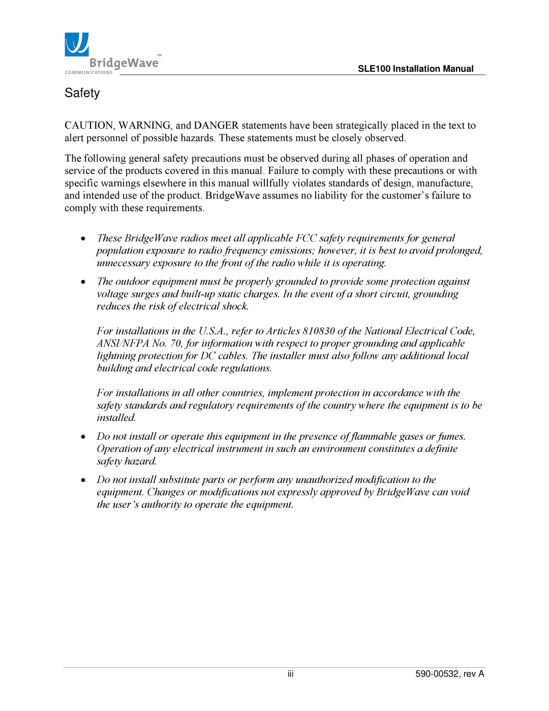 BridgeWave SLE100 installation manual Safety 