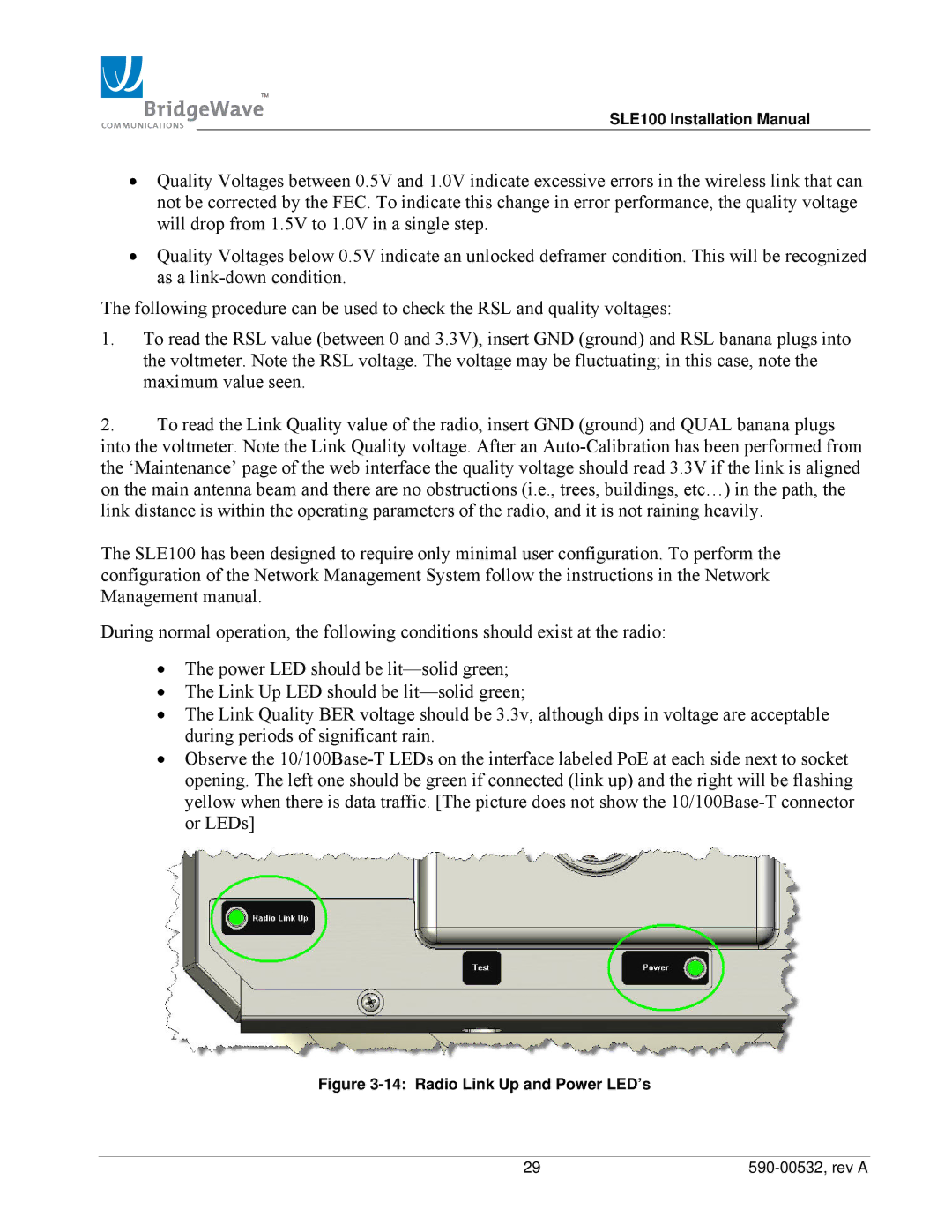 BridgeWave SLE100 installation manual Radio Link Up and Power LED’s 