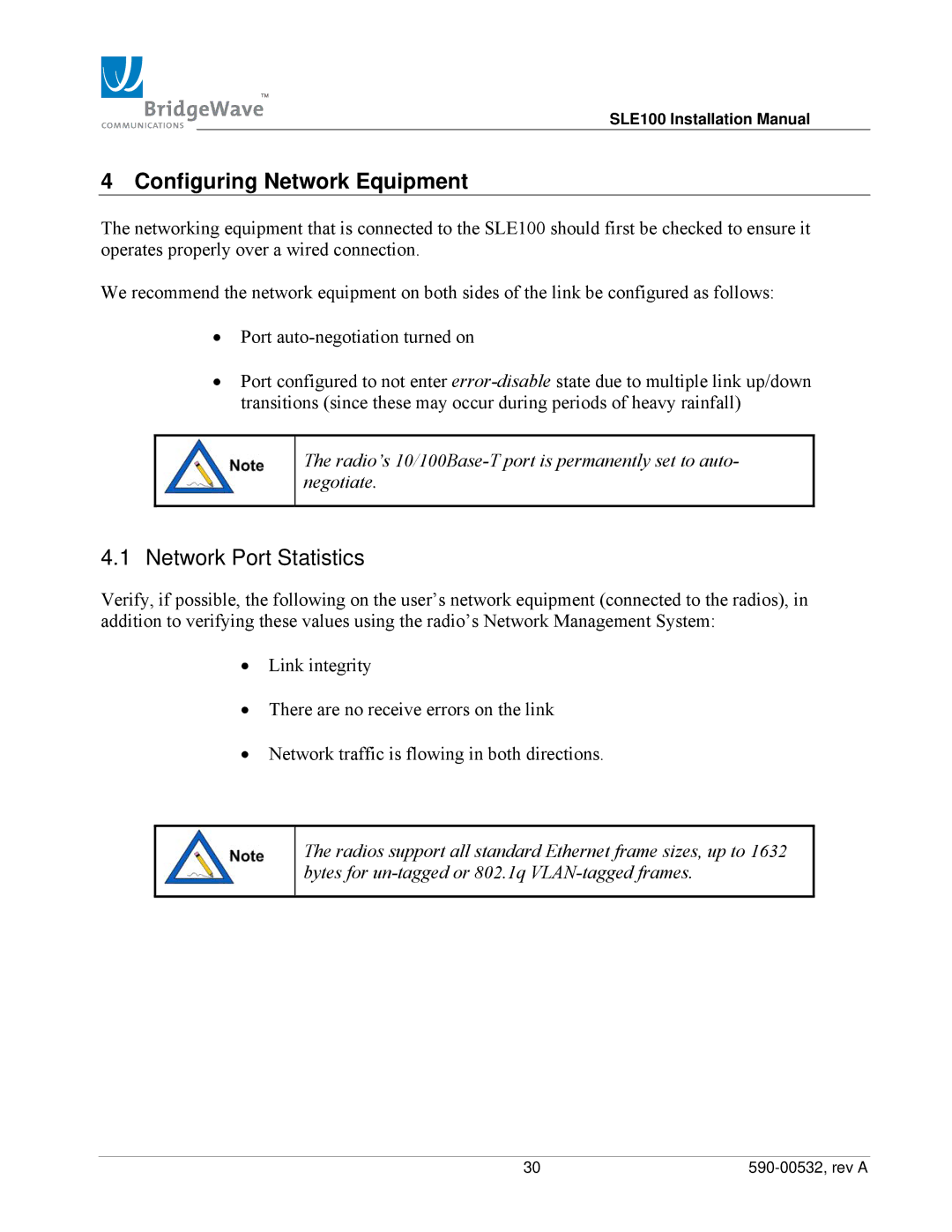 BridgeWave SLE100 installation manual Configuring Network Equipment, Network Port Statistics 