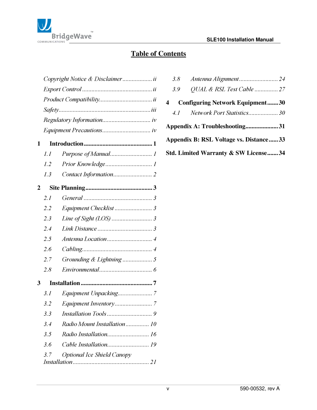 BridgeWave SLE100 installation manual Table of Contents 