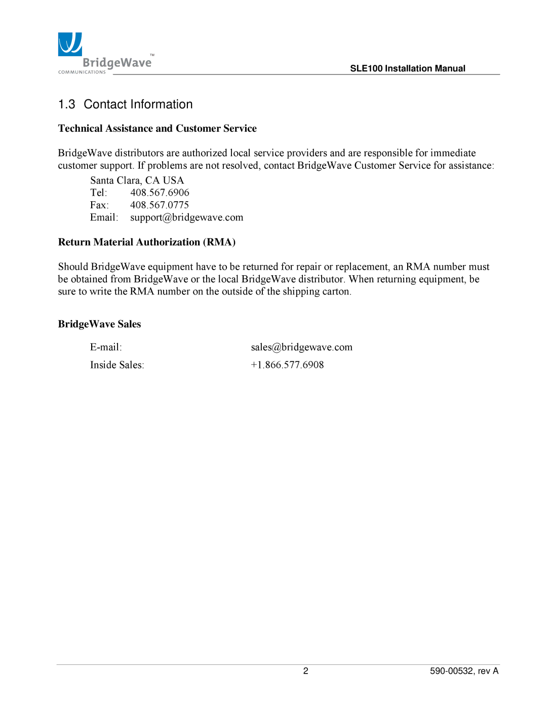 BridgeWave SLE100 Contact Information, Technical Assistance and Customer Service, Return Material Authorization RMA 