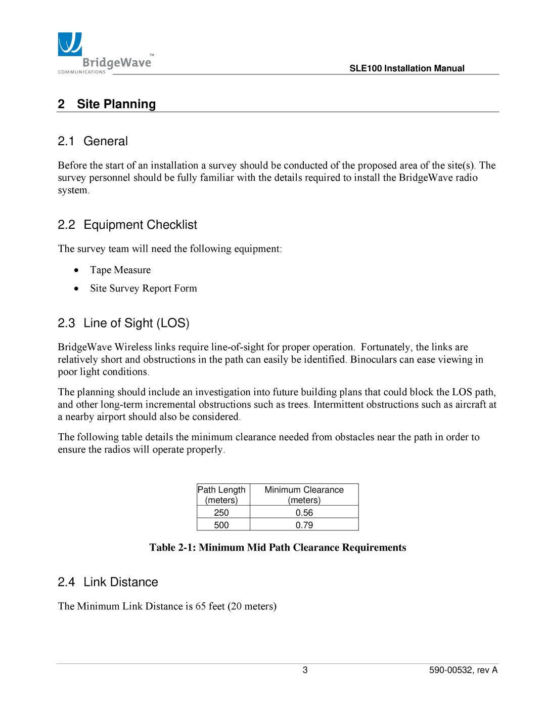 BridgeWave SLE100 installation manual Site Planning, General, Equipment Checklist, Line of Sight LOS, Link Distance 