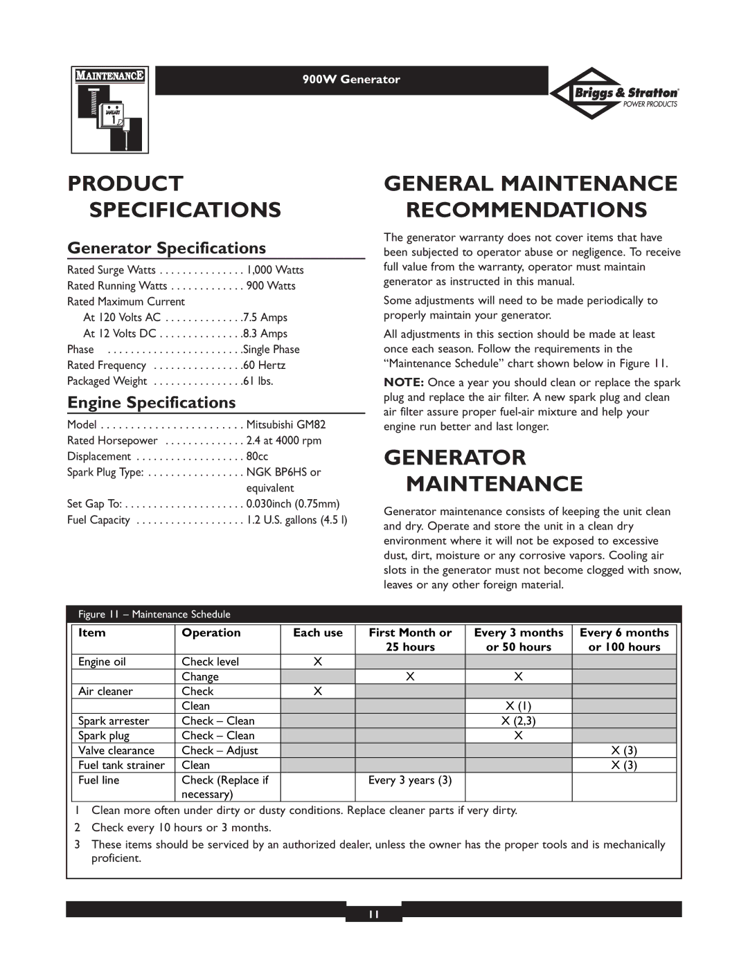 Briggs & Stratton 01532-2 owner manual Product Specifications, General Maintenance Recommendations, Generator Maintenance 