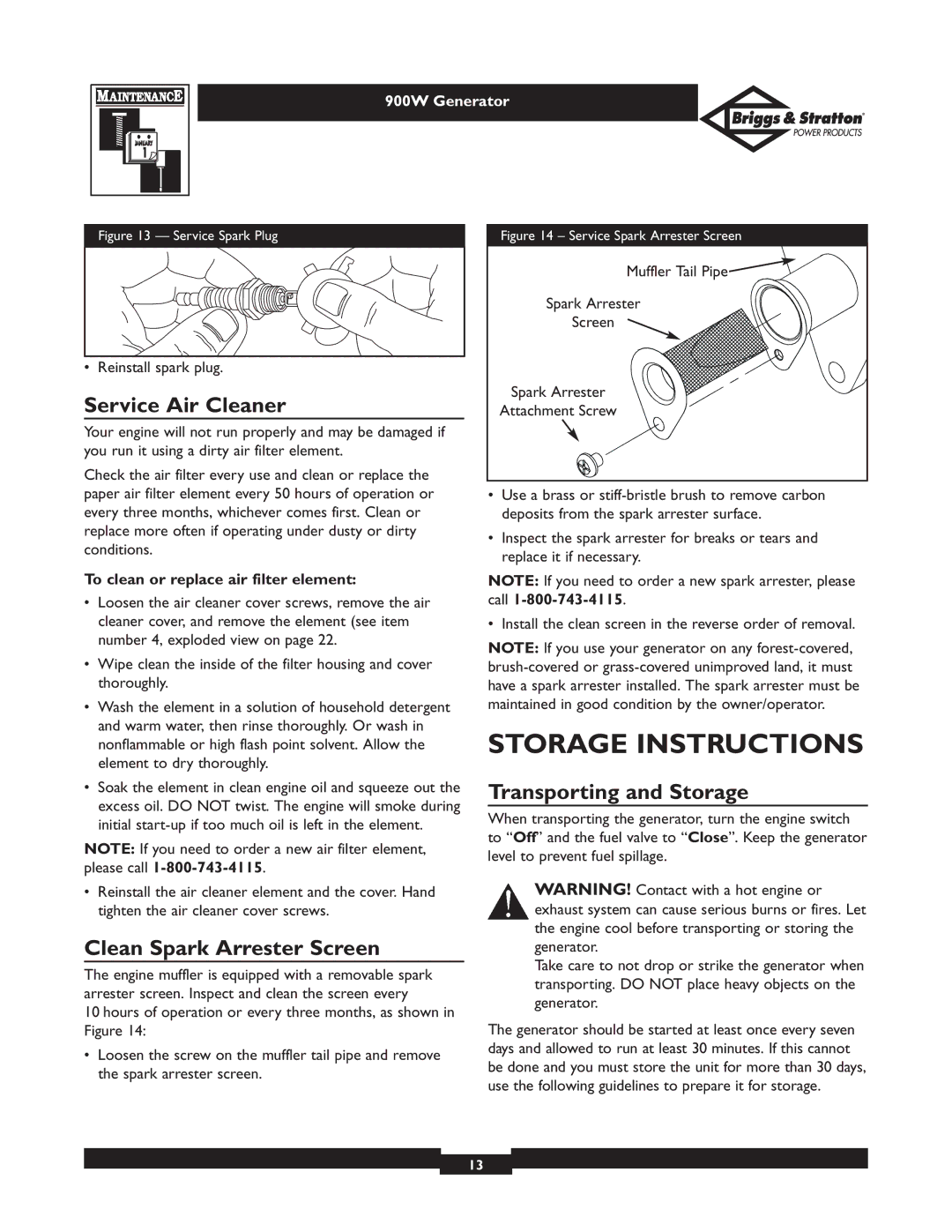 Briggs & Stratton 01532-2 Storage Instructions, Service Air Cleaner, Clean Spark Arrester Screen, Transporting and Storage 