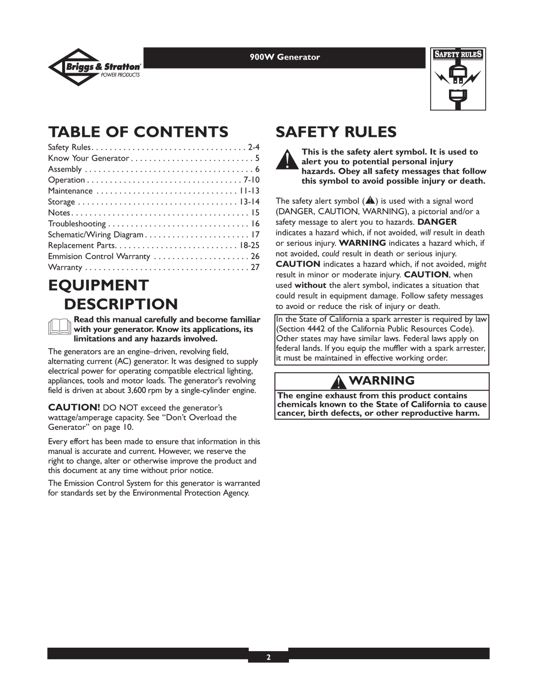 Briggs & Stratton 01532-2 owner manual Table of Contents, Equipment Description, Safety Rules 