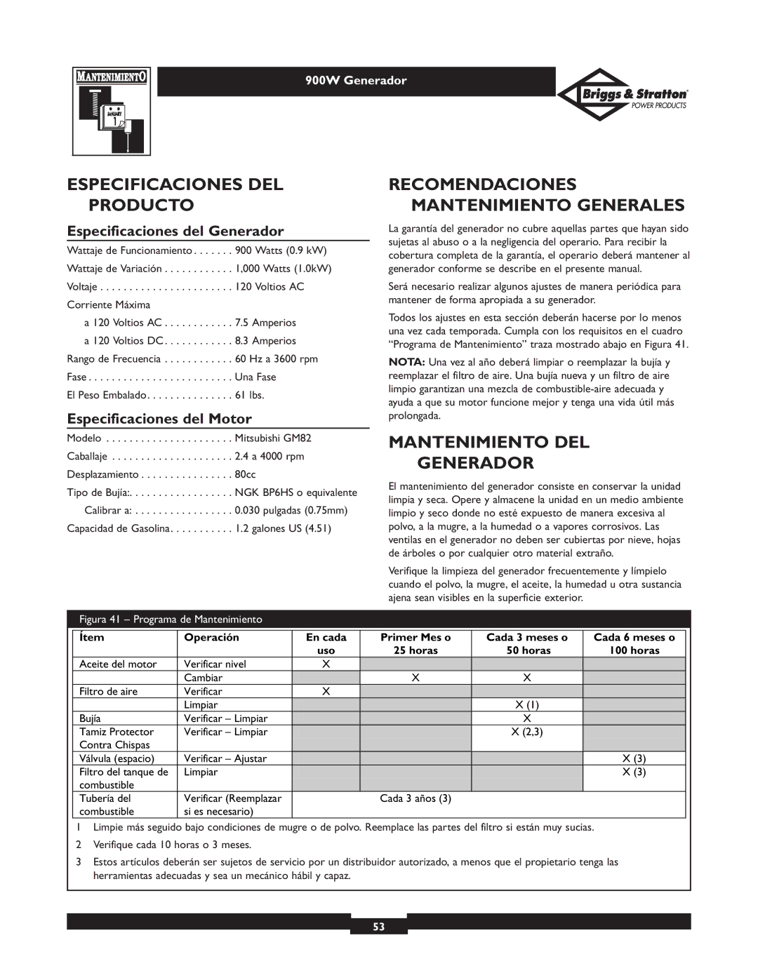 Briggs & Stratton 01532-2 owner manual Especificaciones DEL Producto, Recomendaciones Mantenimiento Generales 