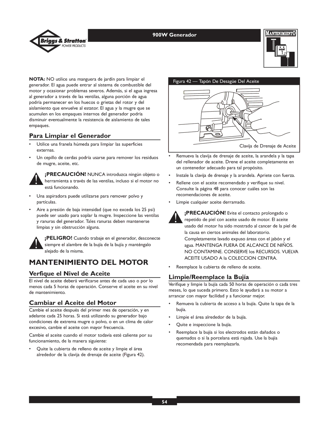 Briggs & Stratton 01532-2 owner manual Mantenimiento DEL Motor, Para Limpiar el Generador, Verfique el Nivel de Aceite 