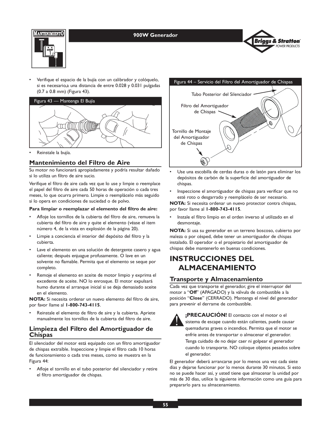 Briggs & Stratton 01532-2 Instrucciones DEL Almacenamiento, Mantenimiento del Filtro de Aire, Transporte y Almacenamiento 