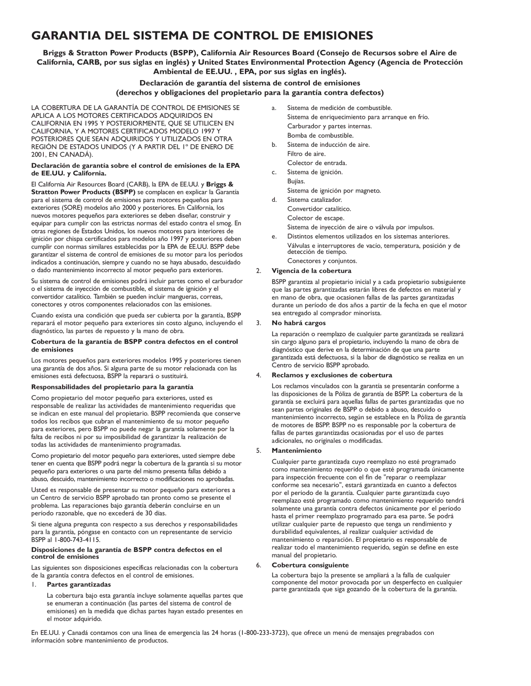 Briggs & Stratton 01532-2 Garantia DEL Sistema DE Control DE Emisiones, Responsabilidades del propietario para la garantía 