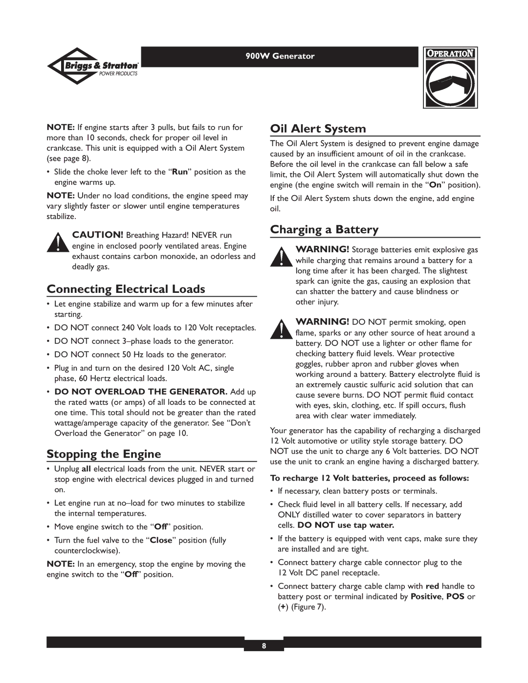 Briggs & Stratton 01532-2 Oil Alert System, Connecting Electrical Loads, Stopping the Engine, Charging a Battery 