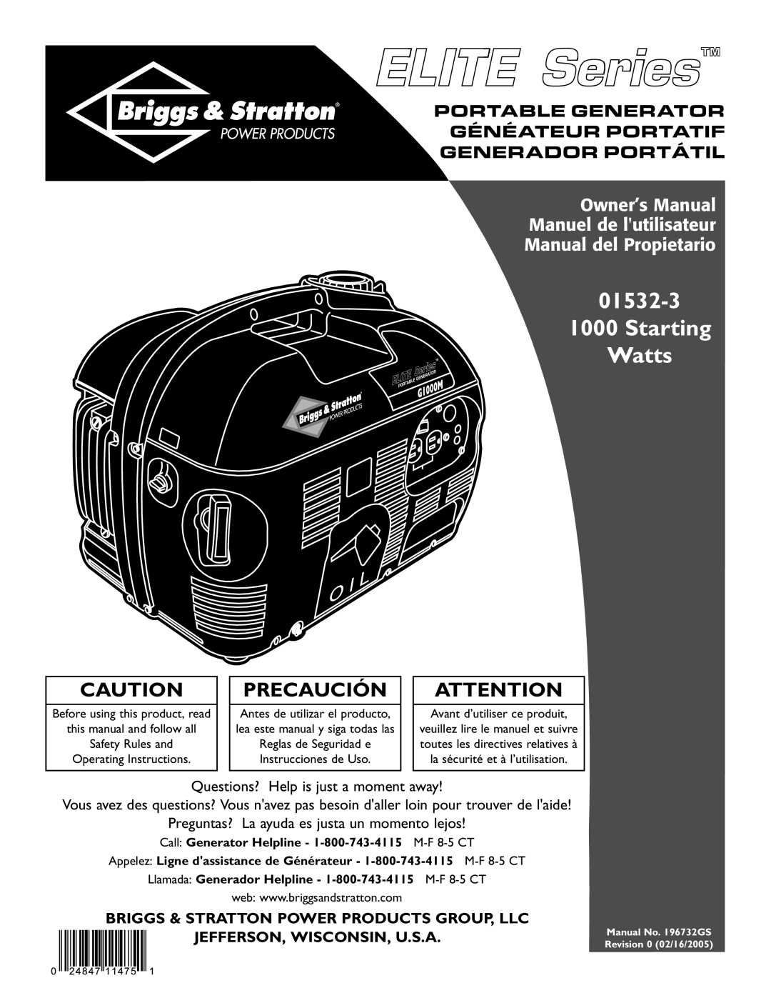 Briggs & Stratton 01532-3 owner manual Starting Watts 