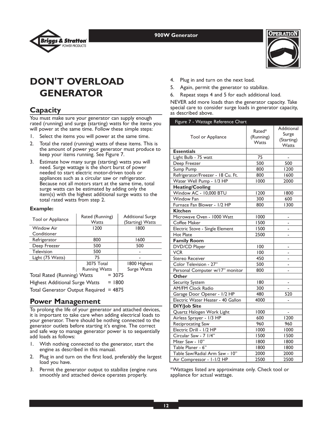 Briggs & Stratton 01532-3 owner manual Dont Overload Generator, Capacity, Power Management, Example 