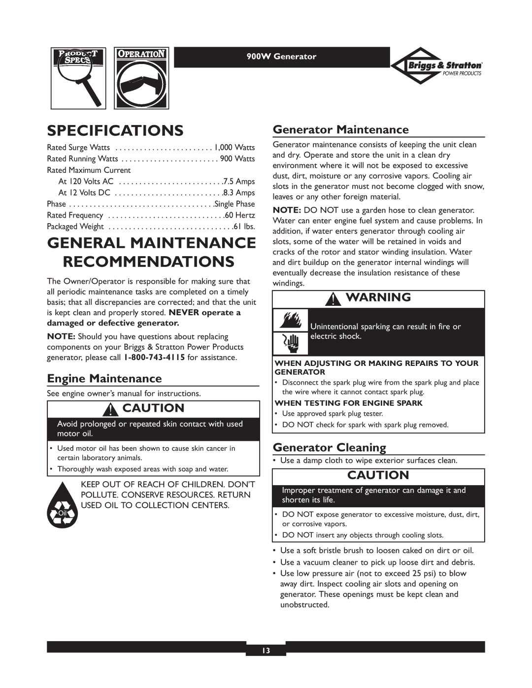 Briggs & Stratton 01532-3 Specifications, General Maintenance Recommendations, Engine Maintenance, Generator Maintenance 