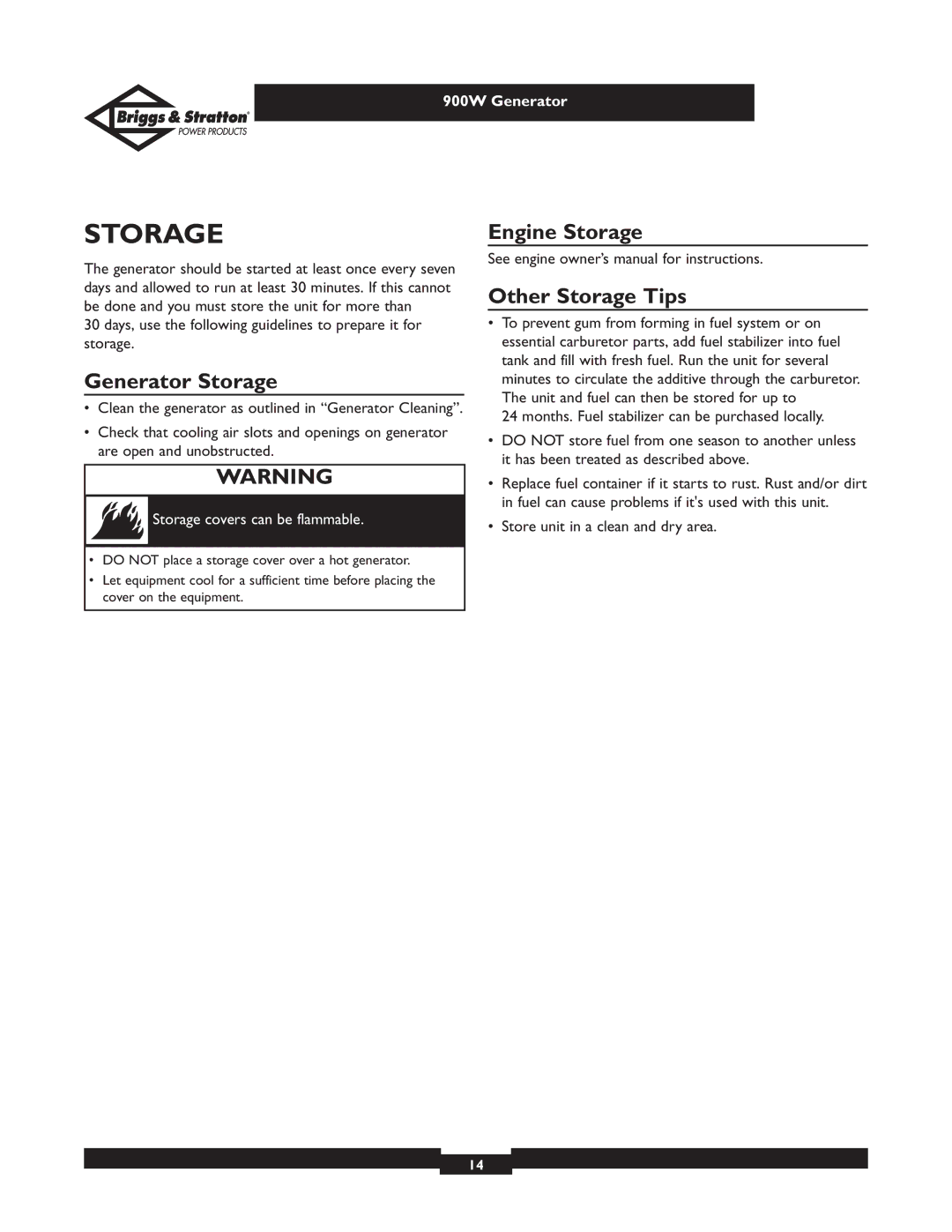 Briggs & Stratton 01532-3 owner manual Generator Storage, Engine Storage Other Storage Tips 