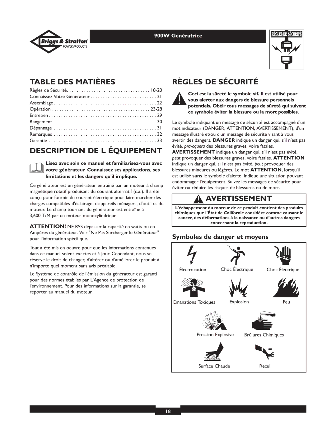 Briggs & Stratton 01532-3 owner manual Table DES Matières, Description DE L Équipement, Règles DE Sécurité, Avertissement 