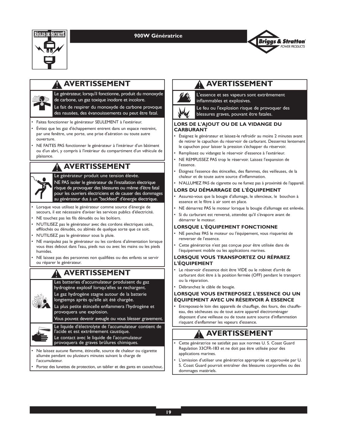 Briggs & Stratton 01532-3 owner manual Lors DE Lajout OU DE LA Vidange DU Carburant, Lors DU Démarrage DE Léquipement 