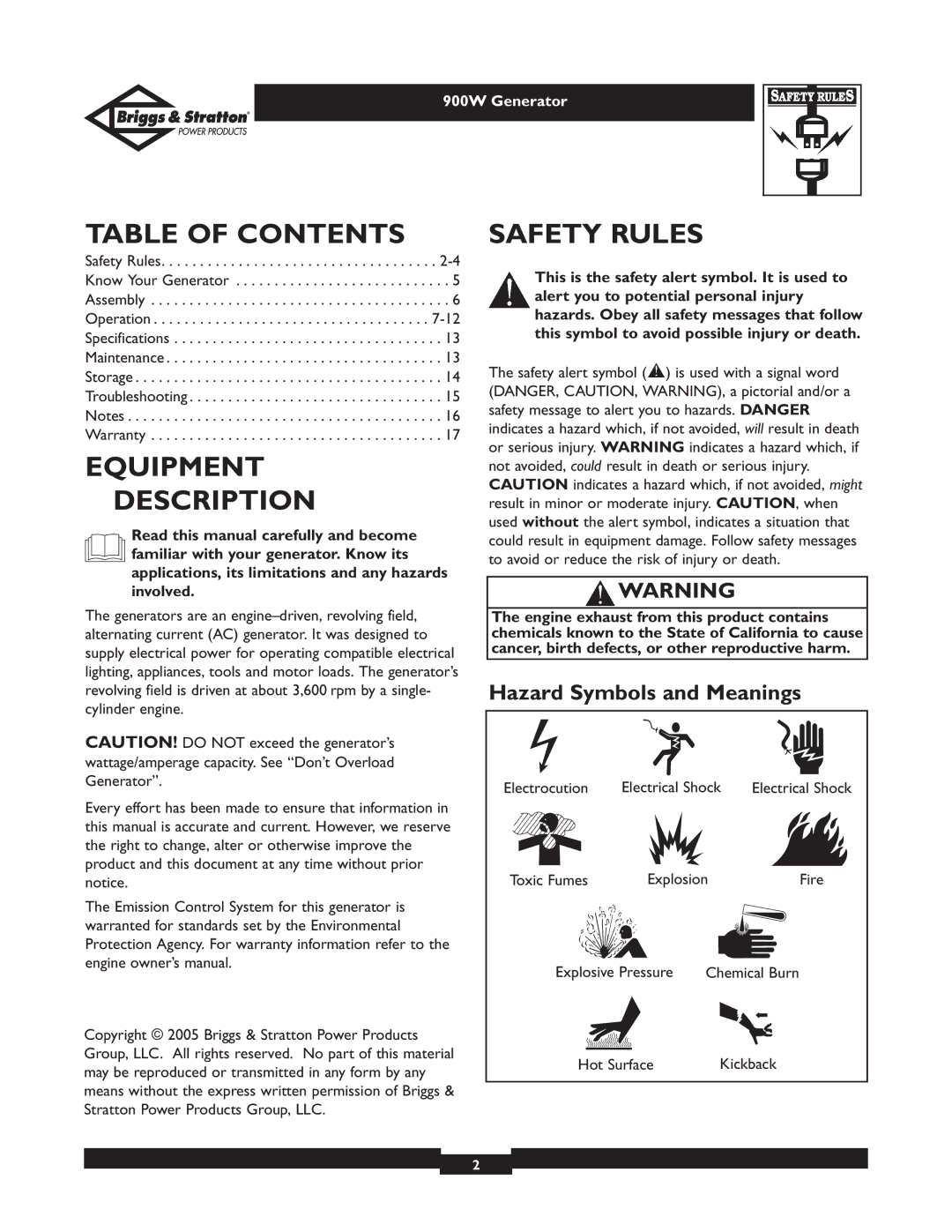 Briggs & Stratton 01532-3 owner manual Table of Contents, Equipment Description, Safety Rules 