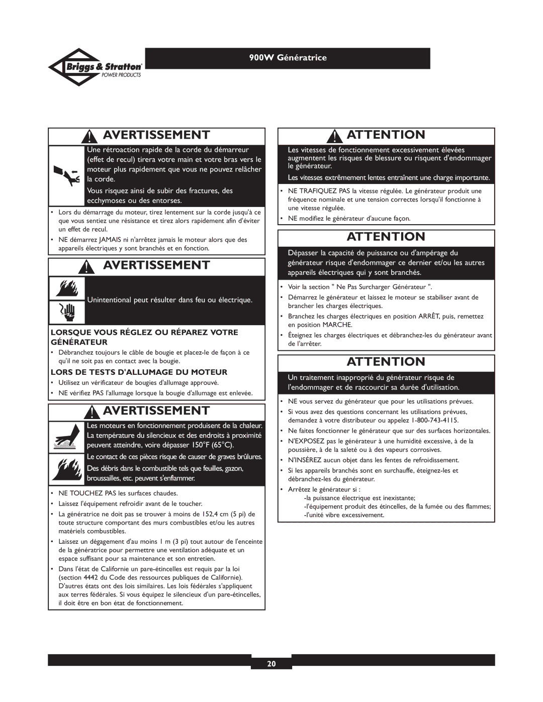 Briggs & Stratton 01532-3 owner manual Lorsque Vous Réglez OU Réparez Votre Générateur, Lors DE Tests Dallumage DU Moteur 