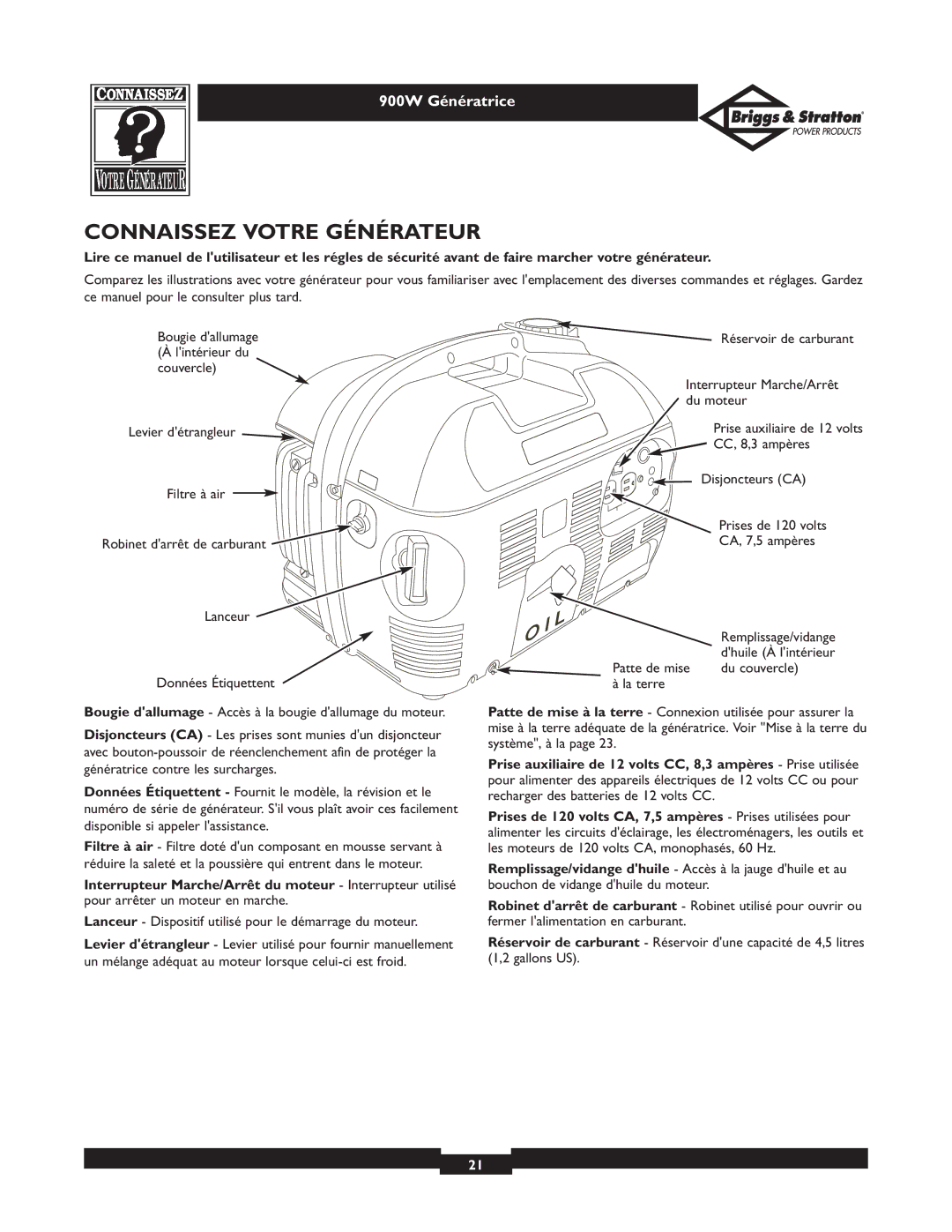 Briggs & Stratton 01532-3 owner manual Connaissez Votre Générateur, Lanceur Dispositif utilisé pour le démarrage du moteur 