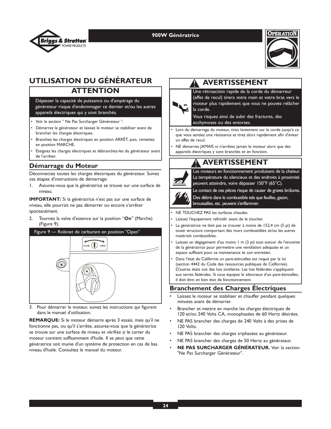 Briggs & Stratton 01532-3 owner manual Utilisation DU Générateur, Démarrage du Moteur, Branchement des Charges Électriques 