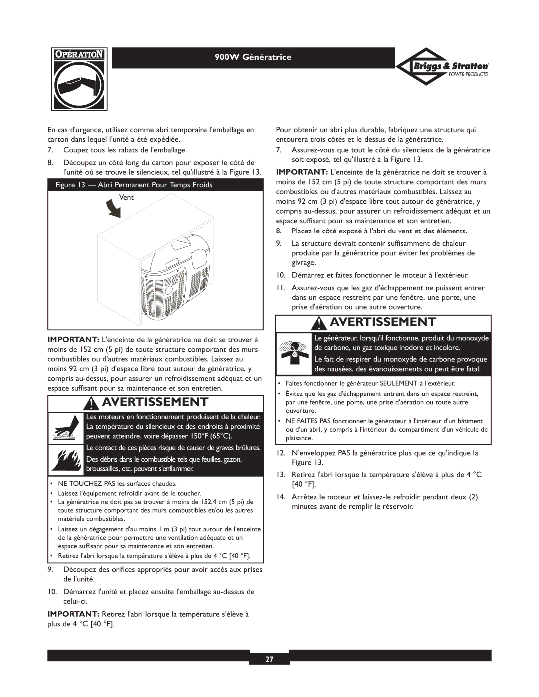 Briggs & Stratton 01532-3 owner manual Abri Permanent Pour Temps Froids, Vent 