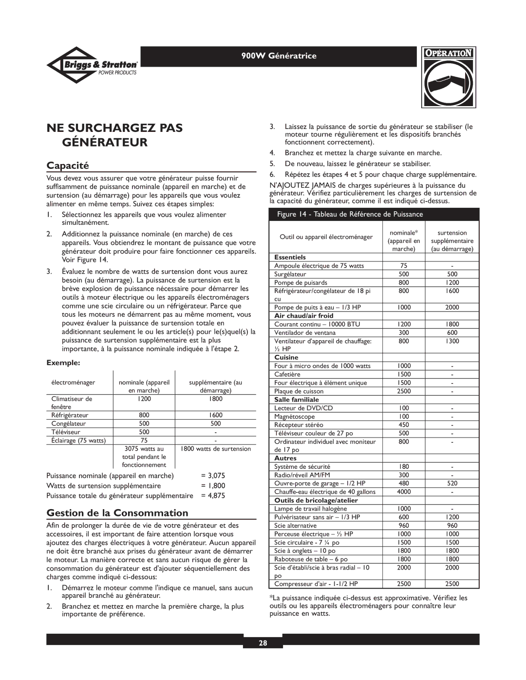 Briggs & Stratton 01532-3 owner manual NE Surchargez PAS Générateur, Capacité, Gestion de la Consommation, Exemple, = 3,075 