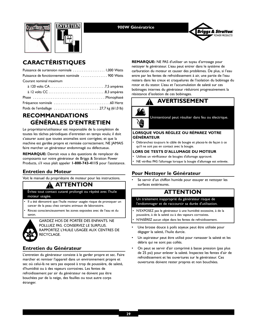 Briggs & Stratton 01532-3 owner manual Caractéristiques, Recommandations Générales D’ENTRETIEN, Entretien du Moteur 